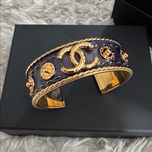 Authentic Chanel Gold and Navy (Denim) Cuff Bracelet -